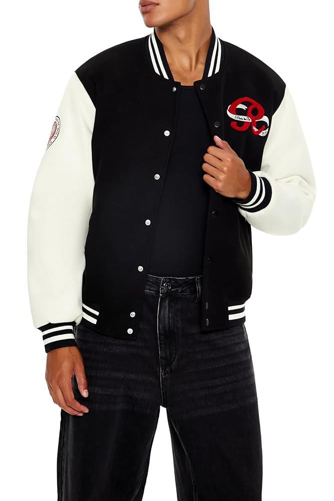 Forever 21 Men's Horseshoe Varsity Bomber Jacket, Black